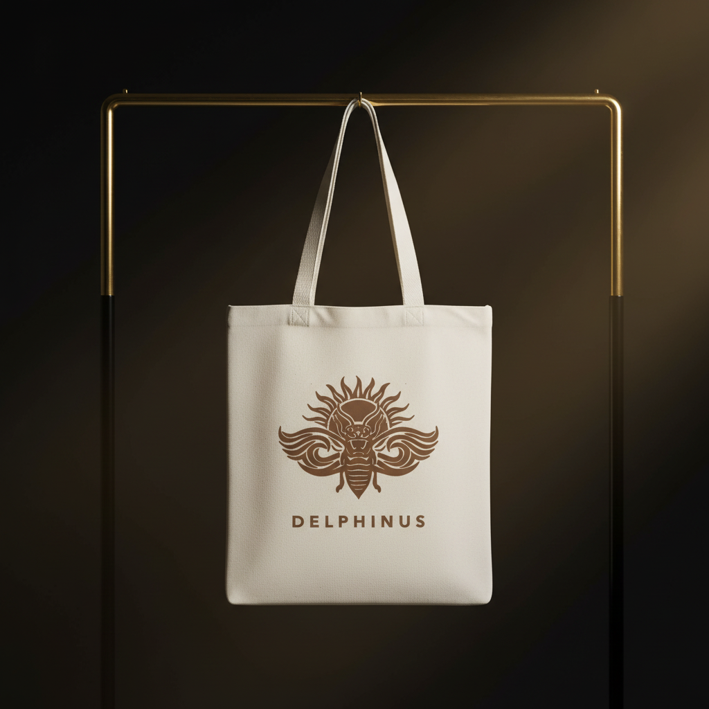 Tote bag LA DUNE DELPHINUS — toile blanc cassé, logo cigale chocolat — présentation éditoriale fond noir et or
