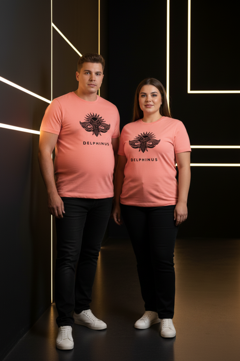 LA FLAMBOYANTE – T-shirt unisexe corail logo noir DELPHINUS, porté par un couple généreux 45 ans corpulence 5XL, mise en scène moderne premium noir et or