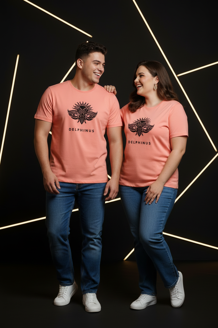 T-shirt La Flamboyante Curve DELPHINUS — Couple 20-25 ans Curve, jeans décontracté, mise en scène premium noir et or, coloris Corail