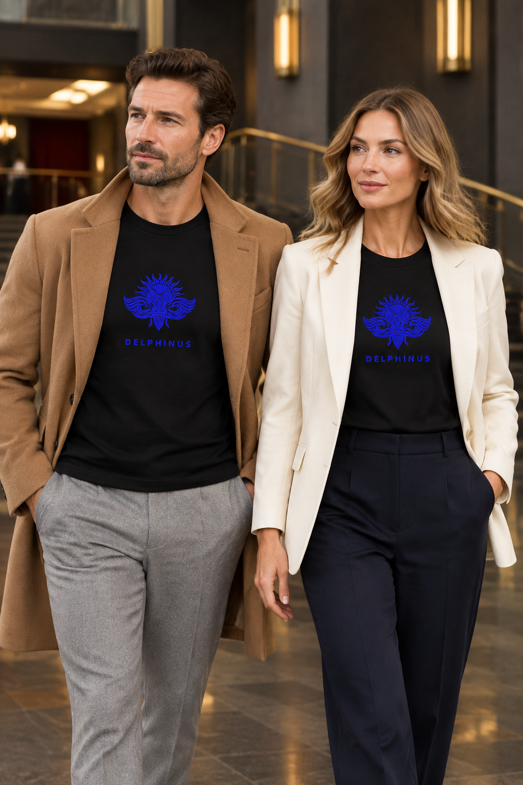 LA LIBERTÉ – couple portant le tee-shirt unisexe noir à col rond au logo Bleu Roi DELPHINUS, décor contemporain noir et or