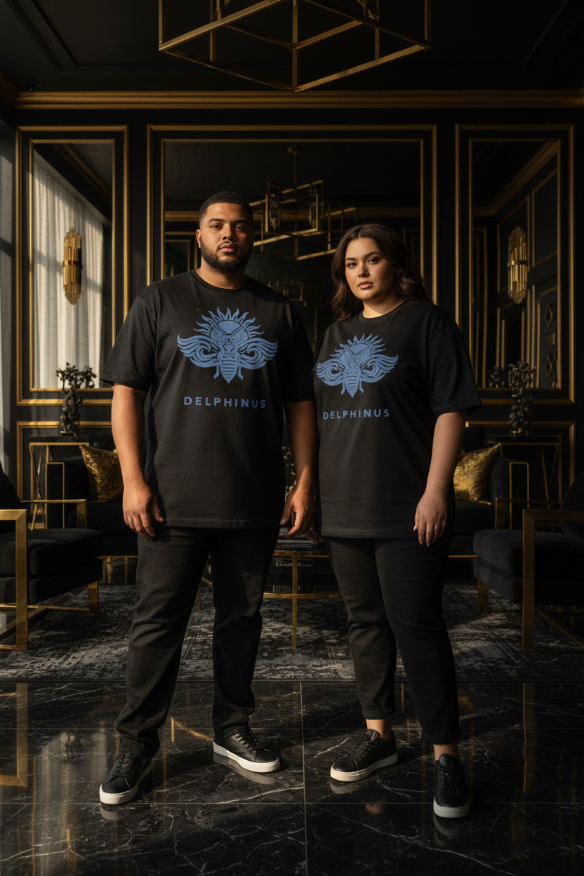LA LIBERTÉ DELPHINUS – T-shirt unisexe Curve Noir & logo bleu, duo homme et femme 25 ans corpulence 5XL, appartement parisien lumière dorée
