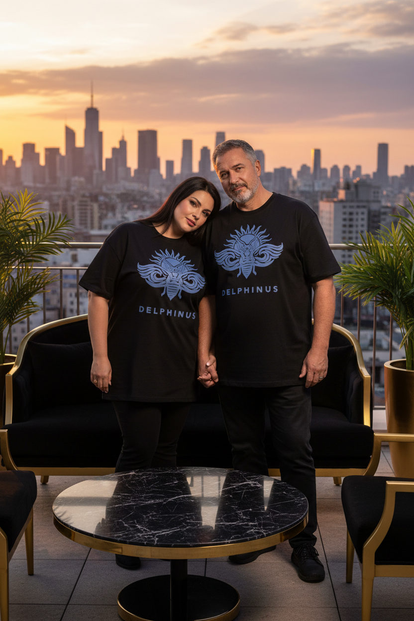 LA LIBERTÉ DELPHINUS – T-shirt unisexe Curve Noir & logo bleu, duo homme et femme 50 ans corpulence généreuse, rooftop coucher de soleil, mise en scène premium
