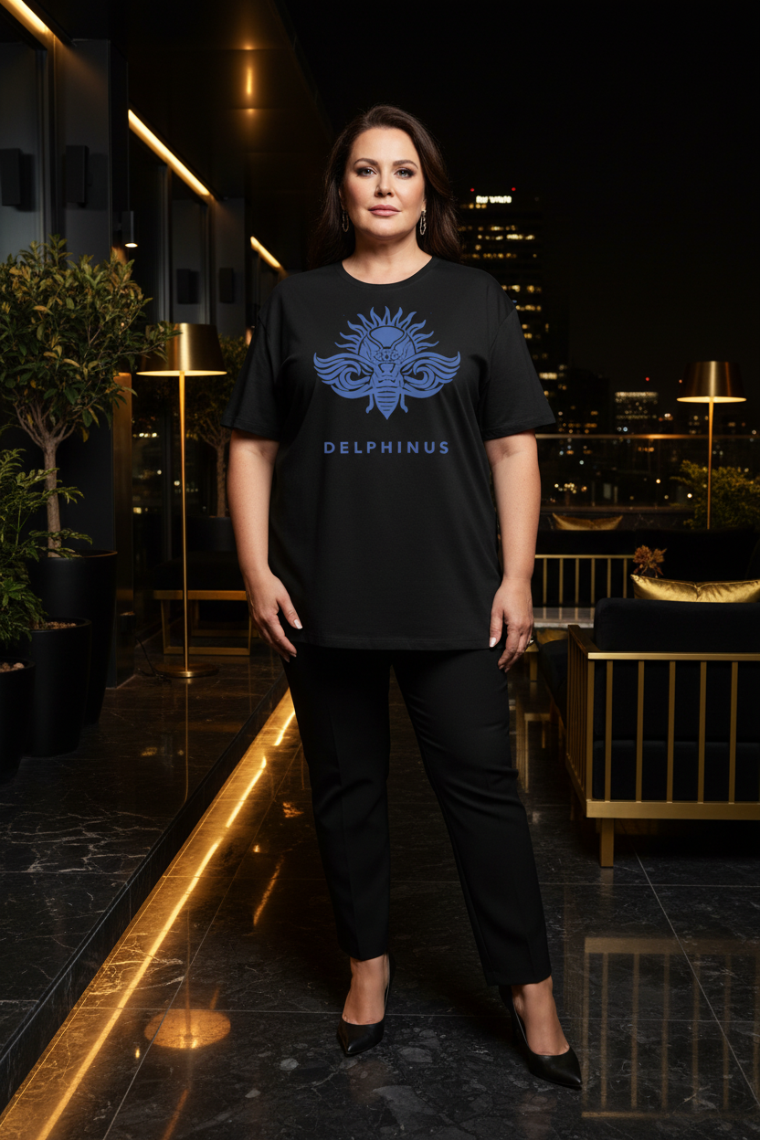 LA LIBERTÉ DELPHINUS – T-shirt unisexe Curve Noir & logo bleu, femme 50 ans corpulence 5XL, mise en scène éditoriale premium noir et or
