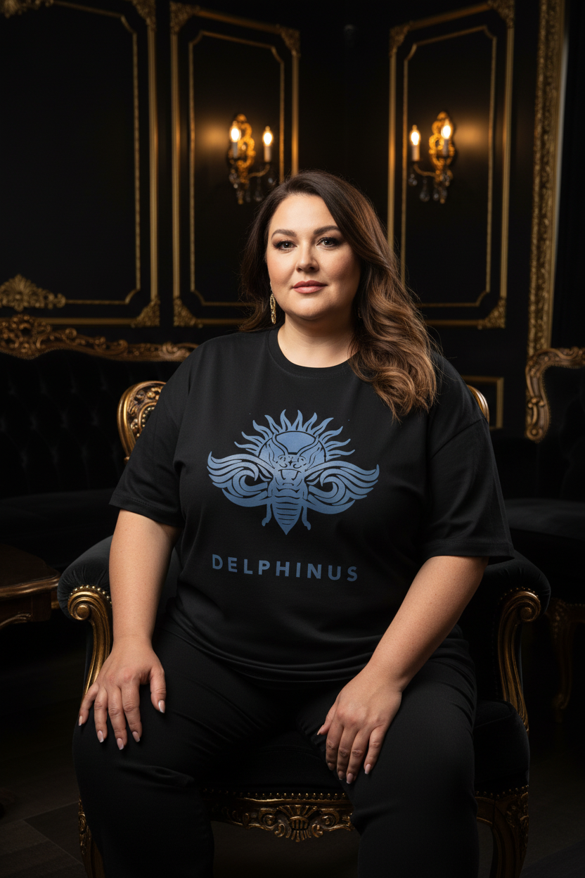 LA LIBERTÉ DELPHINUS – T-shirt unisexe Curve Noir & logo bleu, femme 50 ans corpulence généreuse, lounge privé noir et or velours, mise en scène premium
