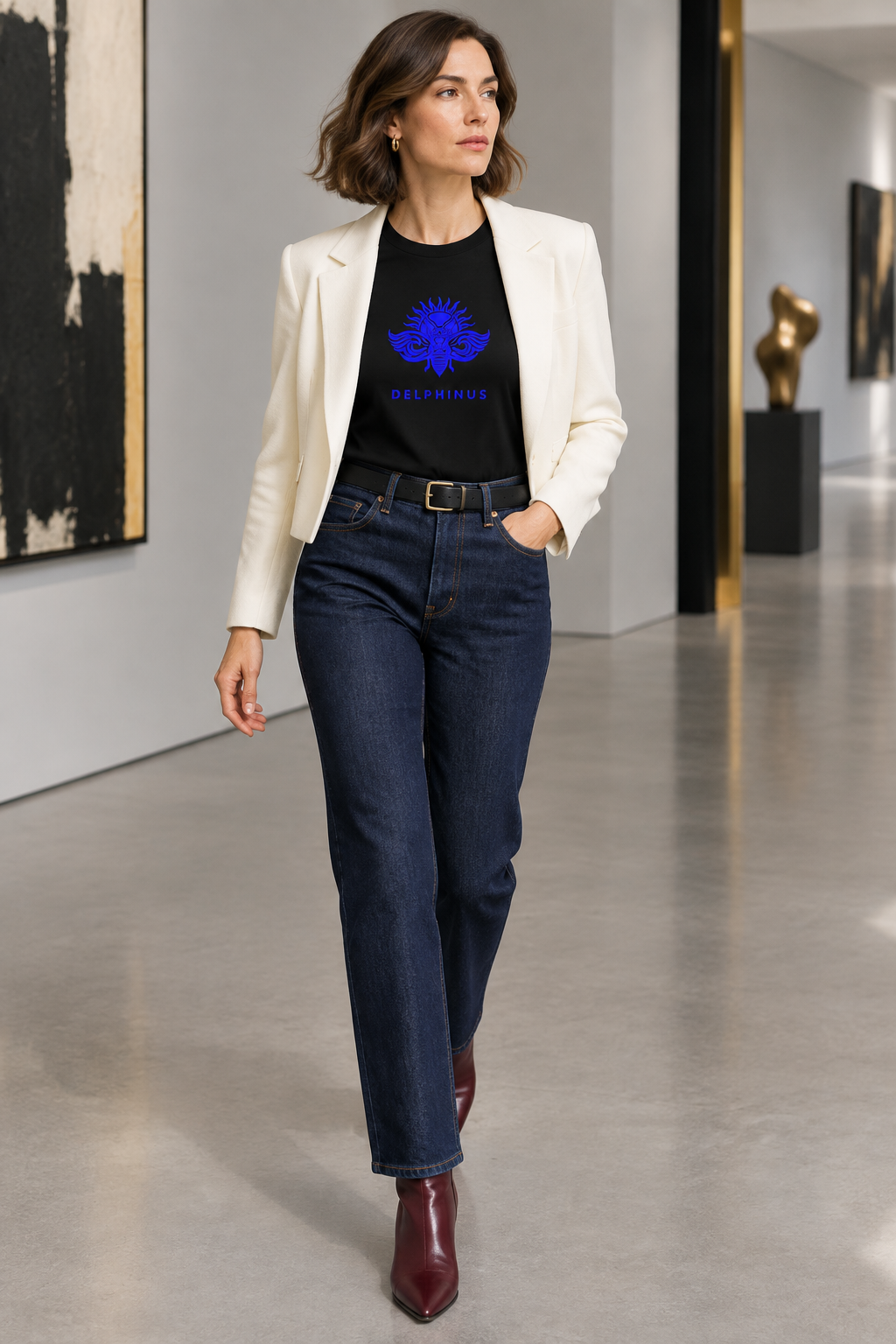 LA LIBERTÉ – femme portant le tee-shirt unisexe noir au logo Bleu Roi avec un blazer court écru et un jean brut, galerie contemporaine
