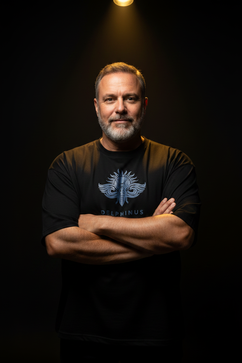 LA LIBERTÉ DELPHINUS – T-shirt unisexe Curve Noir & logo bleu, homme 50 ans corpulence 5XL, studio spotlight doré minimaliste, pose affirmée
