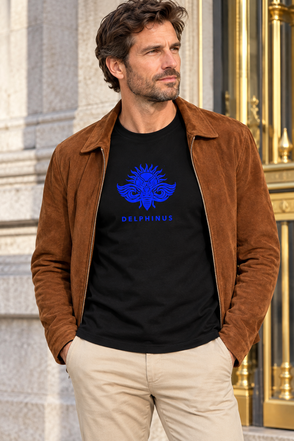 LA LIBERTÉ – homme portant le tee-shirt unisexe noir au logo Bleu Roi sous une veste en daim cognac, ambiance automnale premium