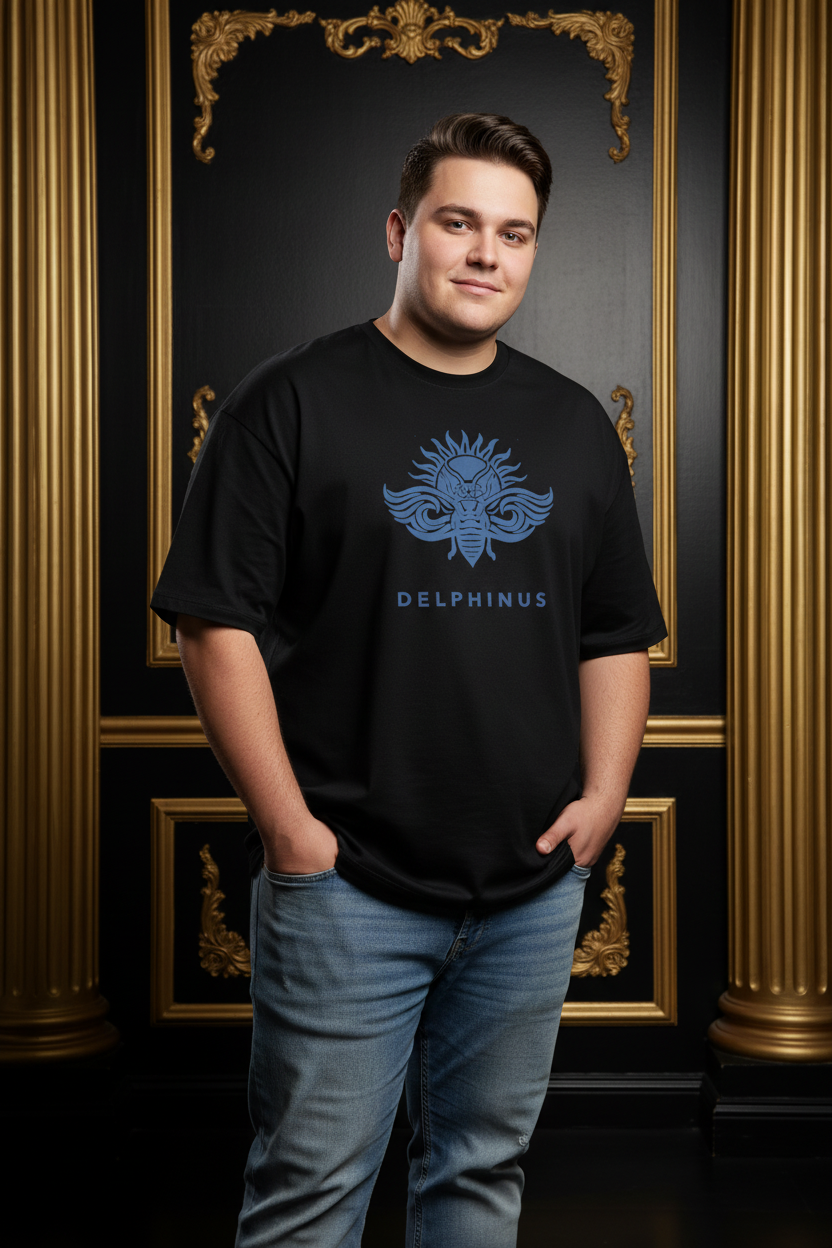LA LIBERTÉ DELPHINUS – T-shirt unisexe Curve Noir & logo bleu, homme jeune 20 ans corpulence 5XL, lobby hôtel luxe noir et or
