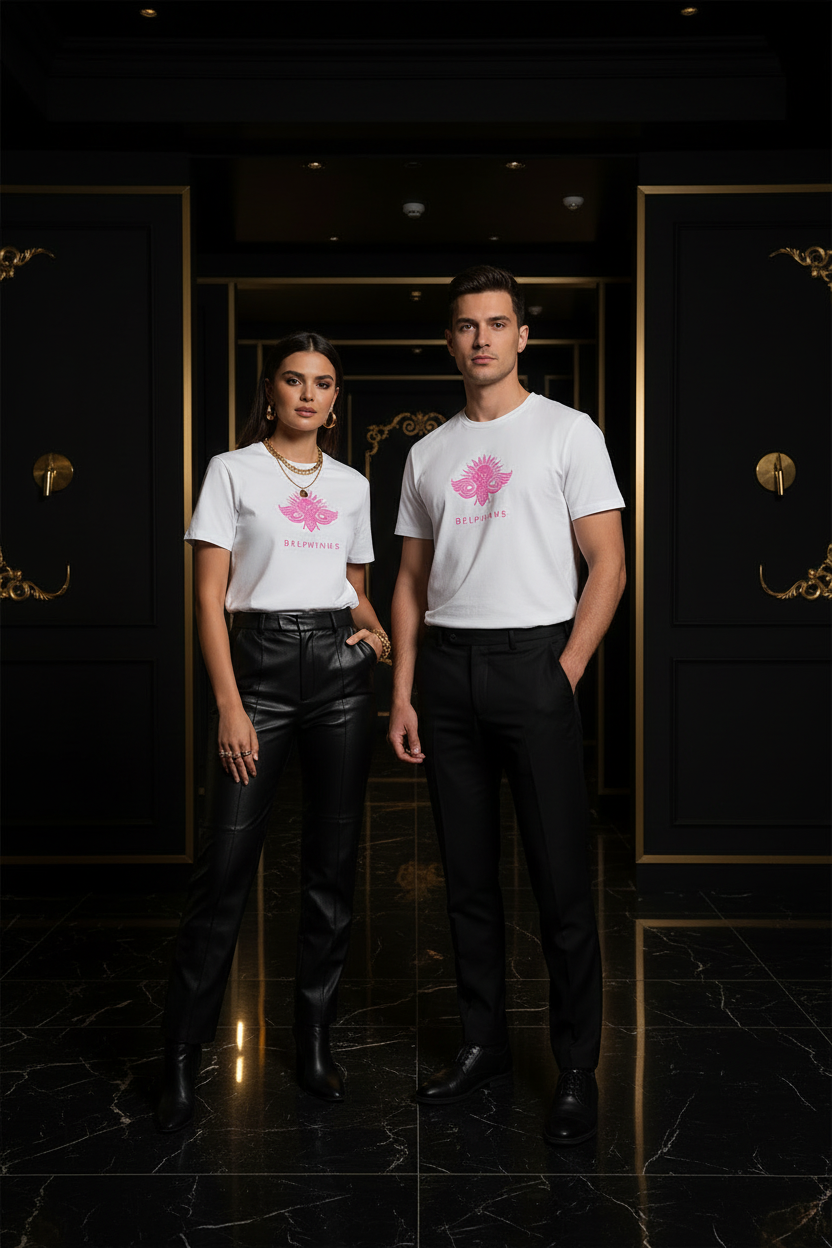 T-shirt La Pétillante DELPHINUS — Duo homme et femme, Blanc et logo Rose