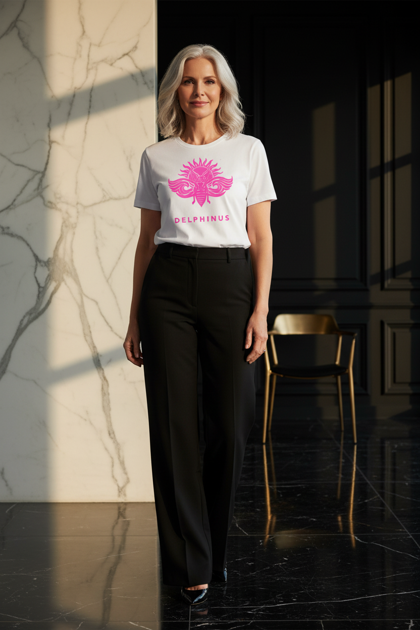 T-shirt La Pétillante DELPHINUS — Femme pose 2, Blanc et logo Rose