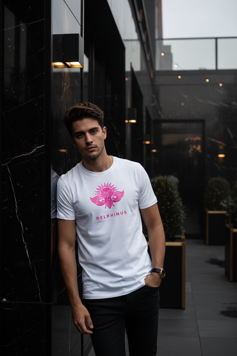 T-shirt La Pétillante DELPHINUS — Homme pose 1, Blanc et logo Rose