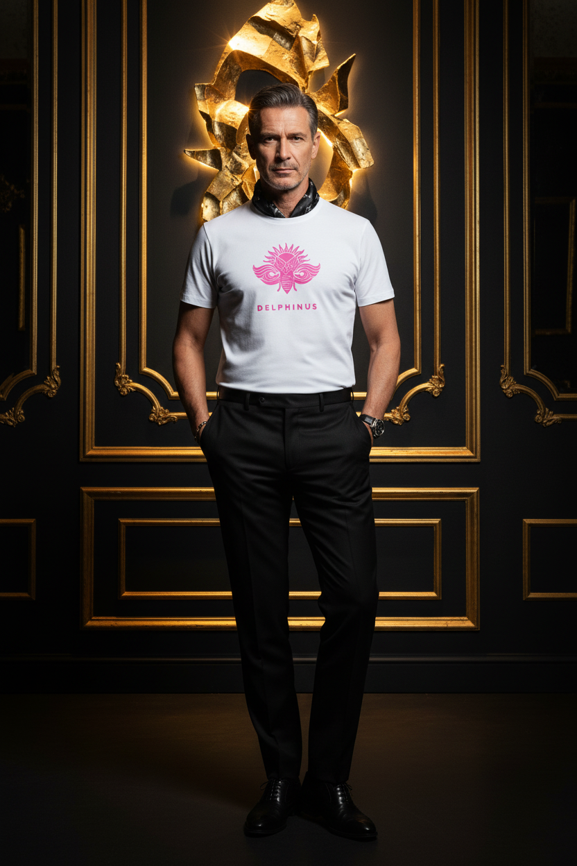T-shirt La Pétillante DELPHINUS — Homme pose 2, Blanc et logo Rose