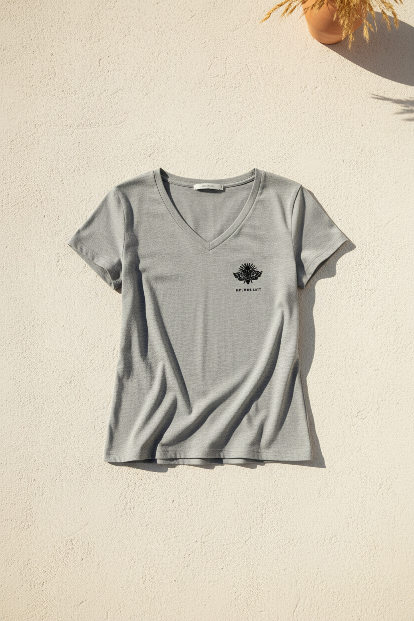 LA PERLE GRISE – T-shirt gris col V unisexe logo cigale noir poitrine gauche, fond neutre estival, DELPHINUS