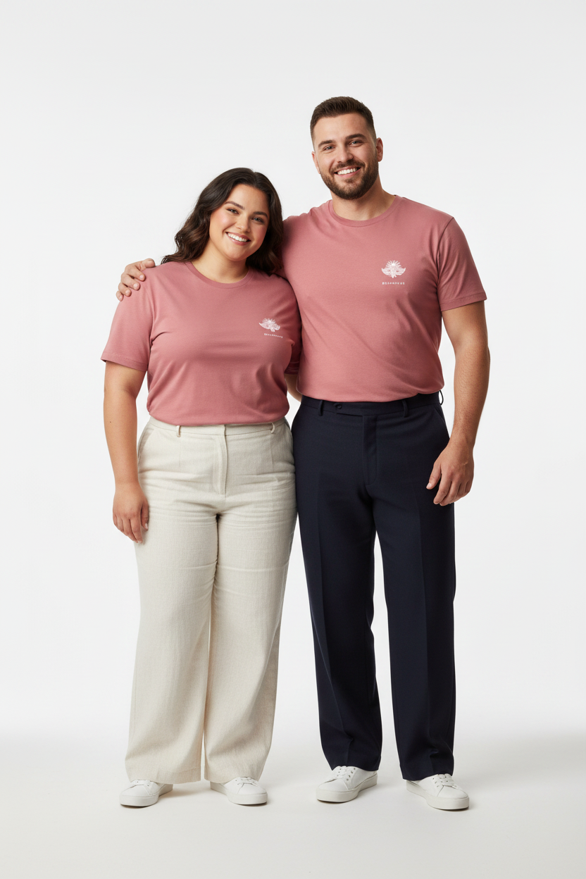 LA ROSÉE CURVE – T-shirt unisexe couple grandes tailles rose bonbon, logo cigale blanc, DELPHINUS