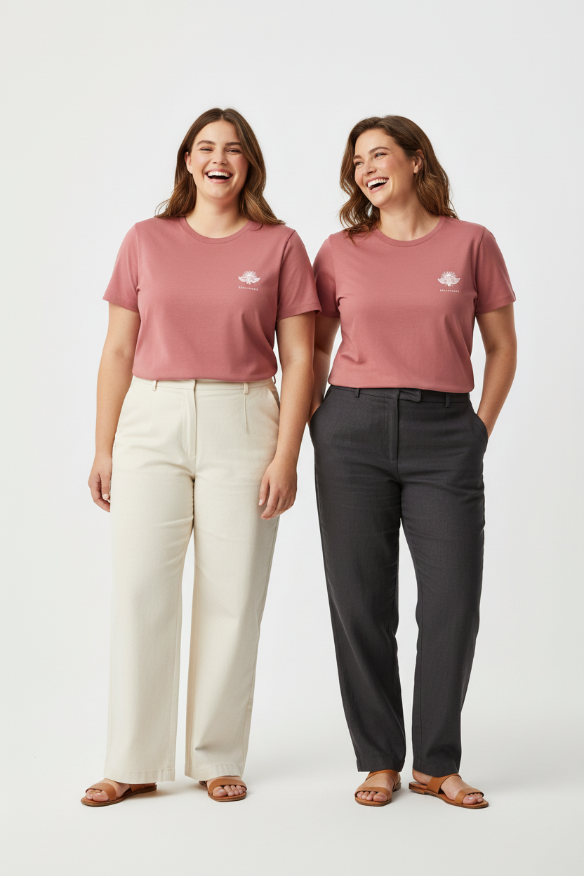 LA ROSÉE CURVE – T-shirt unisexe duo femmes grandes tailles rose bonbon, logo cigale blanc, DELPHINUS