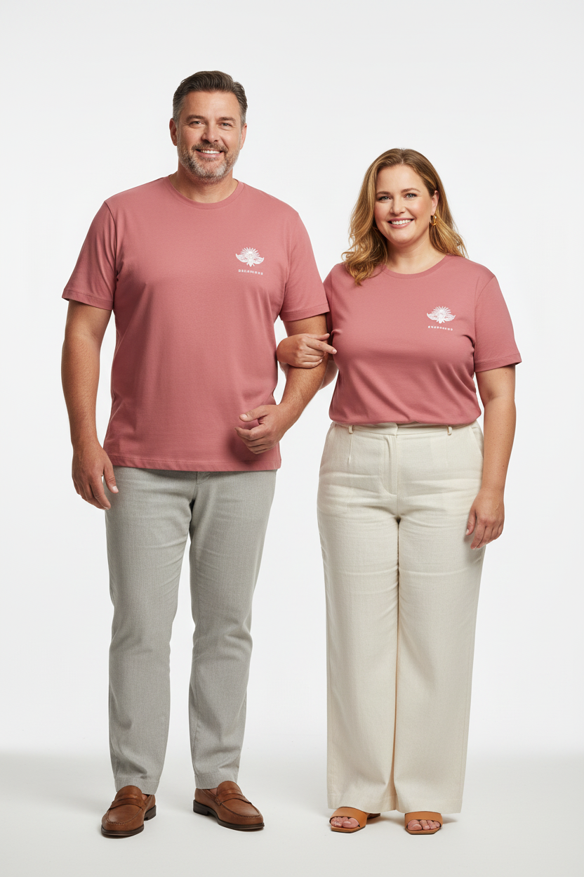 LA ROSÉE CURVE – T-shirt unisexe couple grandes tailles 50 ans rose bonbon, logo cigale blanc, DELPHINUS