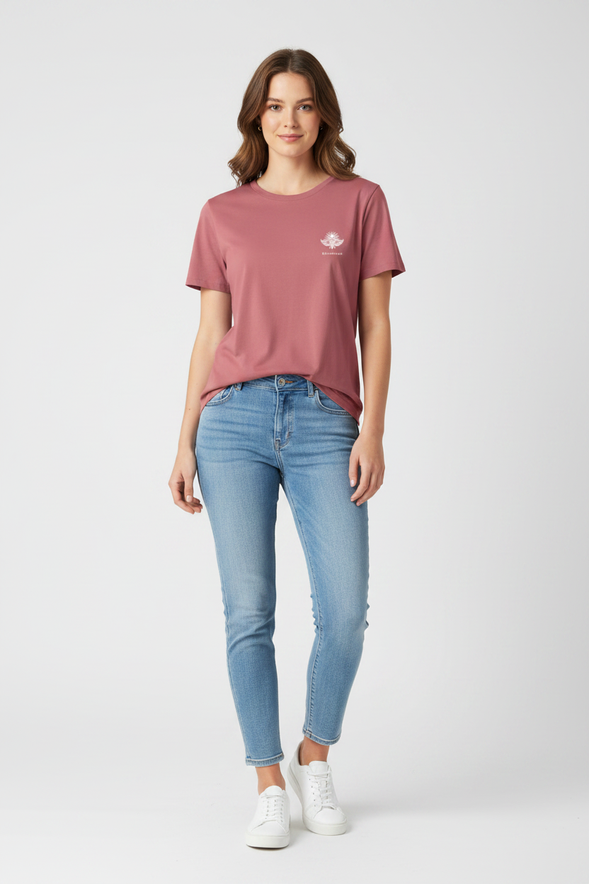 LA ROSÉE – T-shirt unisexe rose bonbon, logo cigale blanc poitrine gauche, coupe medium fit, DELPHINUS