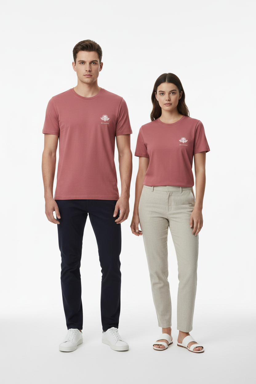 LA ROSÉE – T-shirt unisexe duo homme femme rose bonbon, logo cigale blanc, DELPHINUS