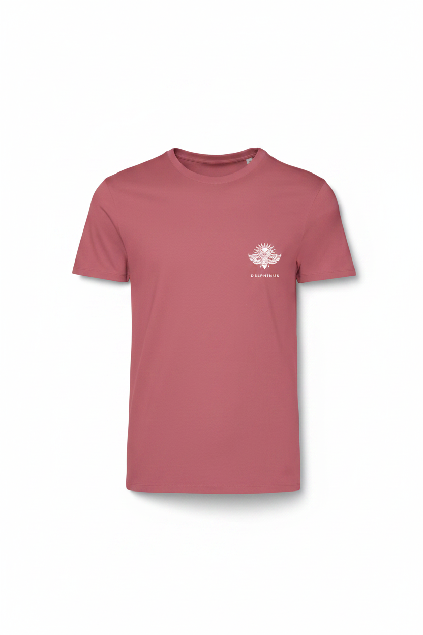 LA ROSÉE – Vue produit t-shirt unisexe rose bonbon, logo cigale blanc poitrine gauche, 100% coton bio, DELPHINUS
