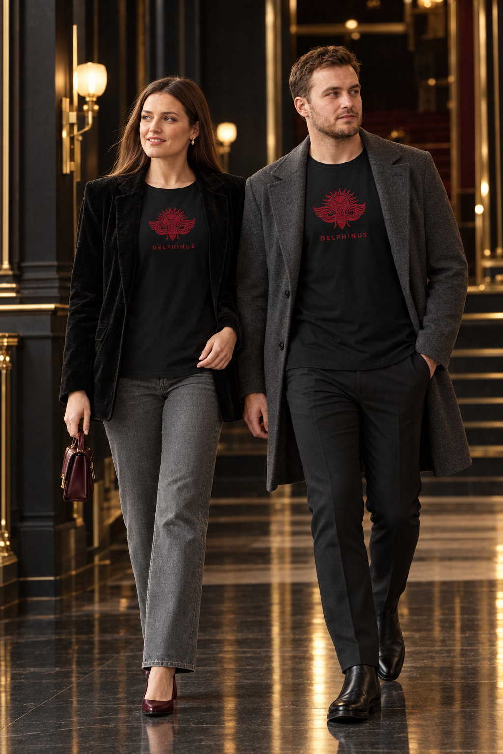 LA SINGULIÈRE – couple en mouvement portant le tee-shirt unisexe noir à col rond et au logo bordeaux, décor automnal noir et or, DELPHINUS