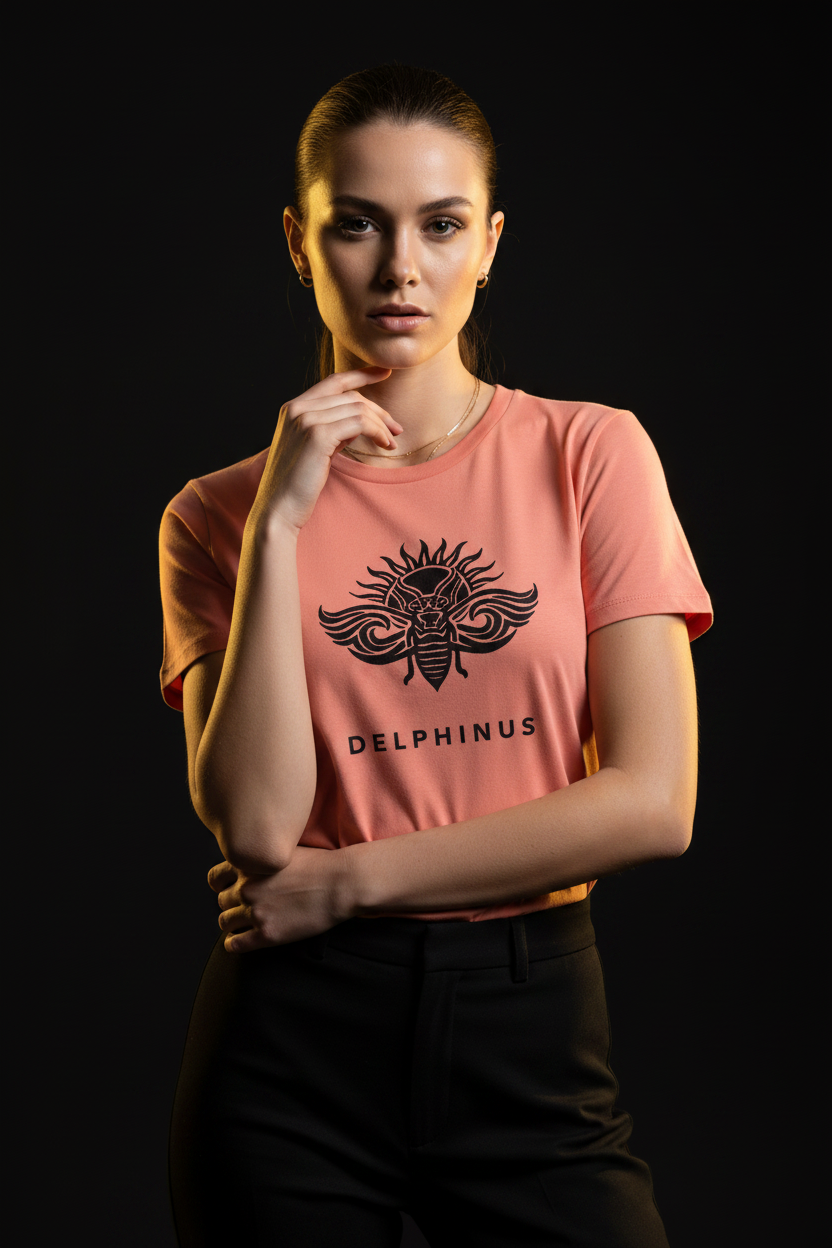 T-shirt La Solaire DELPHINUS — femme seule en t-shirt Light Corail, studio fond noir et or, lumière dorée dramatique