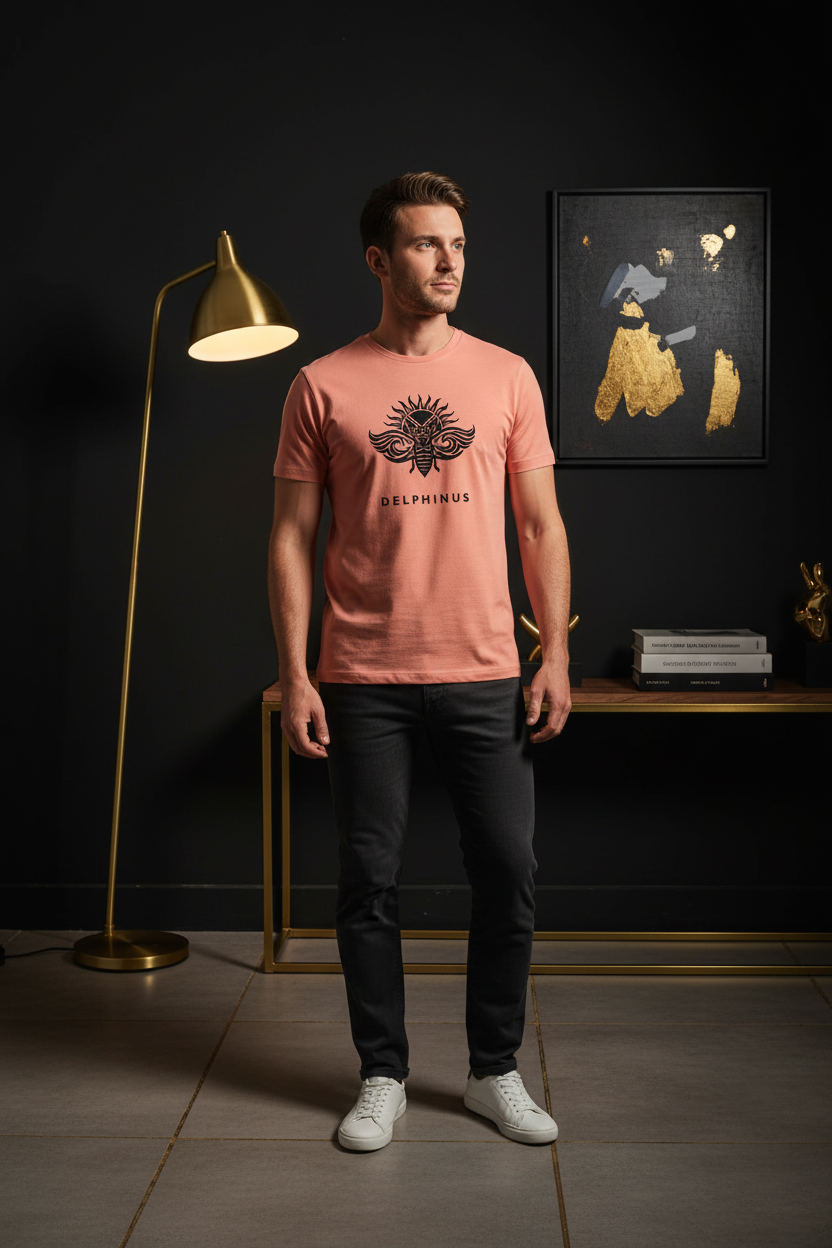 T-shirt La Solaire DELPHINUS — homme seul en t-shirt Light Corail dans un appartement parisien, style casual chic