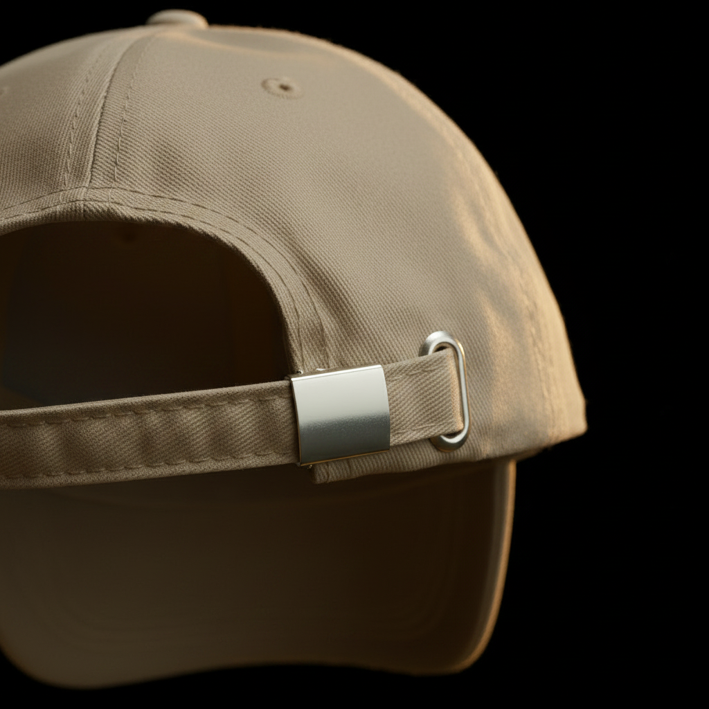 La Vacancière DELPHINUS — Détail fermoir métal ajustable, casquette beige, finition premium