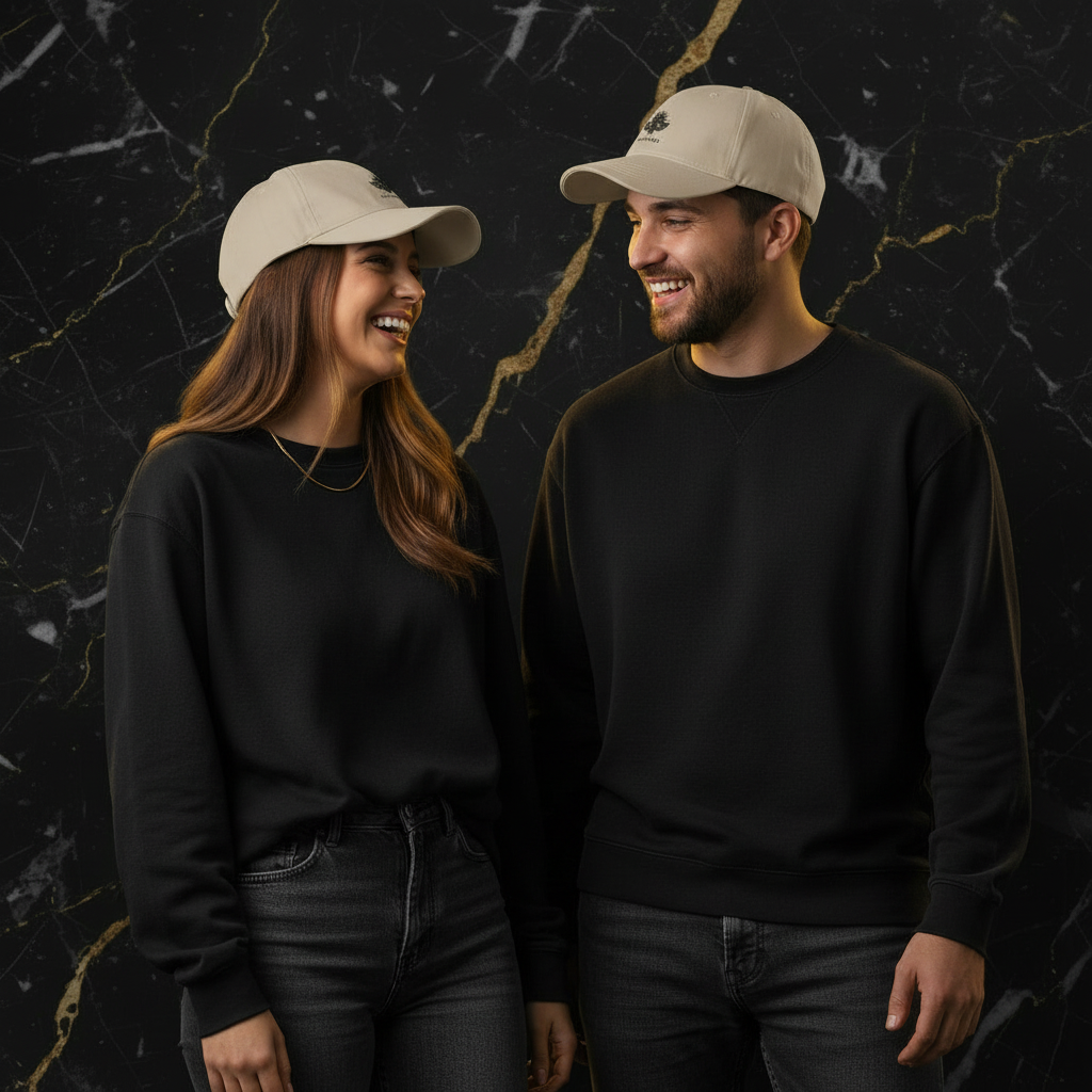 Duo La Vacancière DELPHINUS — Casquettes beige logo noir, style décontracté en jeans