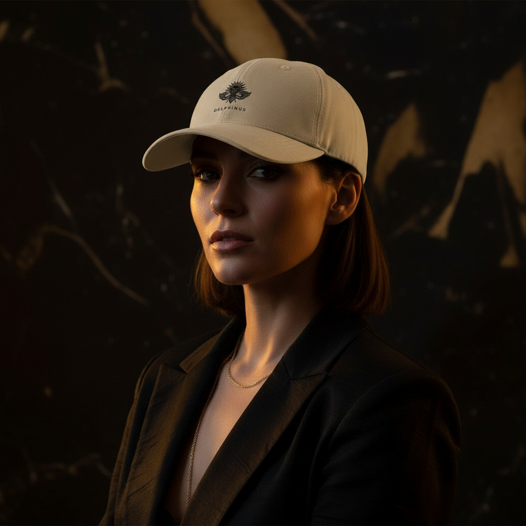 La Vacancière DELPHINUS portée par une femme — Casquette beige logo noir, style élégant