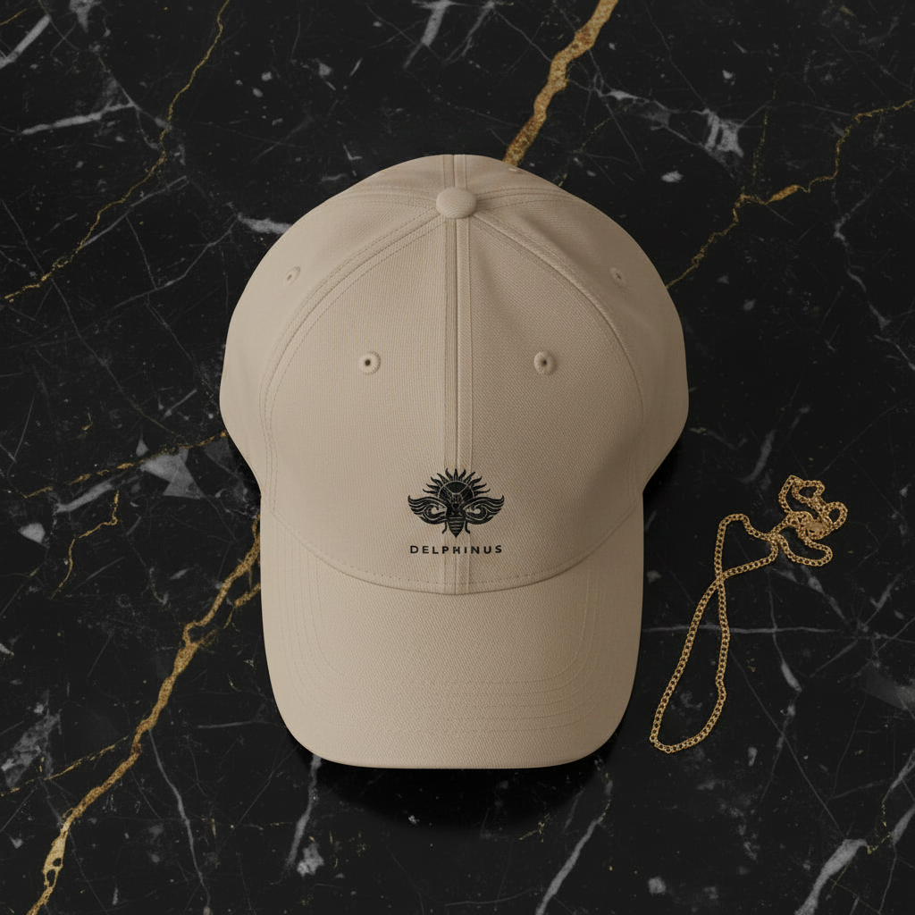 Casquette La Vacancière DELPHINUS — Beige, logo noir imprimé petit centré, flat lay marbre noir