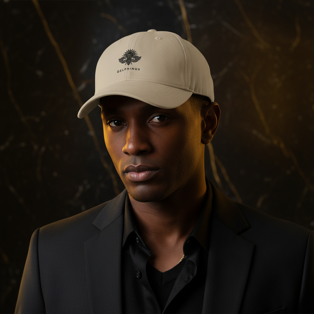 La Vacancière DELPHINUS portée par un homme — Casquette beige logo noir, style premium