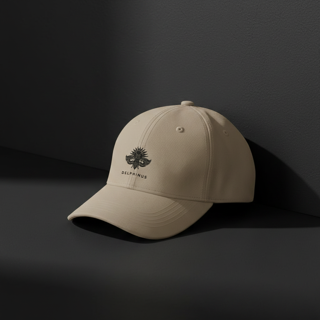 Casquette La Vacancière DELPHINUS — Beige, logo noir discret, mise en scène premium fond noir