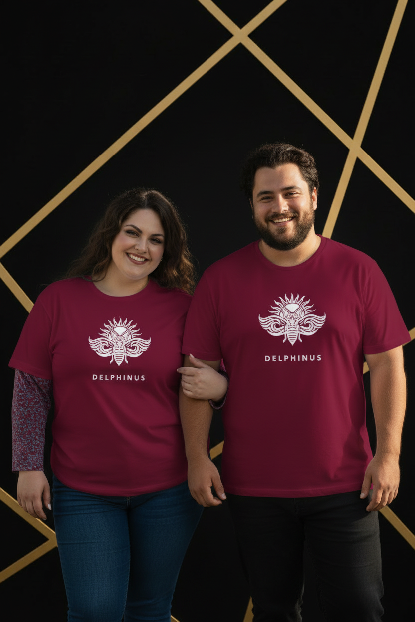 T-shirt L'Absolu DELPHINUS — Couple Curve, t-shirts Bordeaux & logo Blanc, mise en scène premium noir et or