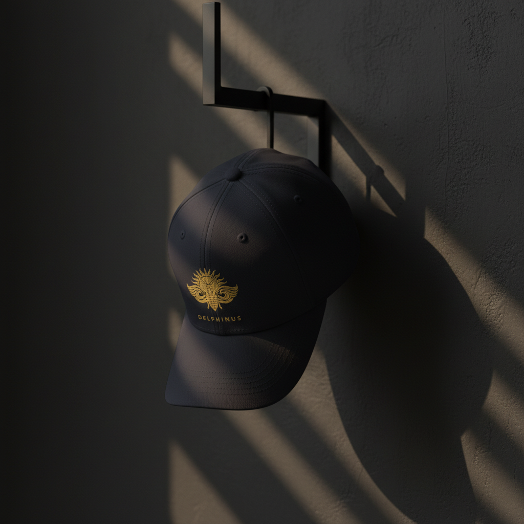 Casquette L'Audacieuse DELPHINUS — Mise en scène lifestyle, bleu marine, logo or discret- suspendu applique murale