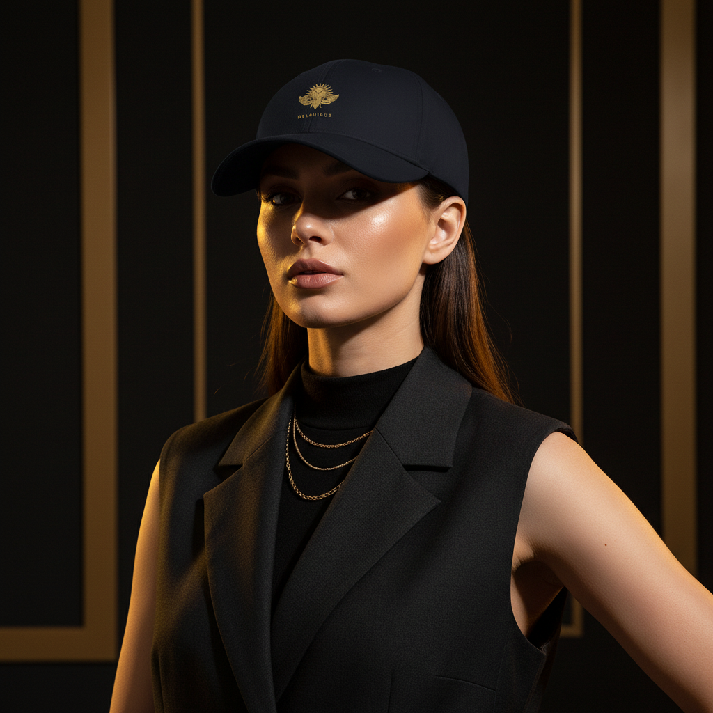L'Audacieuse DELPHINUS portée par une femme — Casquette bleu marine logo or, style élégant