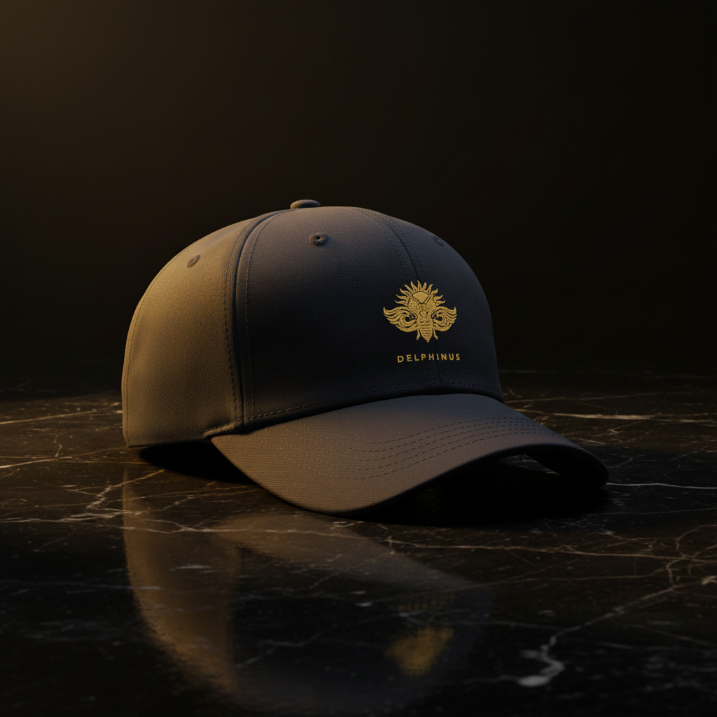 Casquette L'Audacieuse DELPHINUS — Bleu marine intense, logo or imprimé petit centré, fond noir, posé sur du marbre noir nervuré blanc