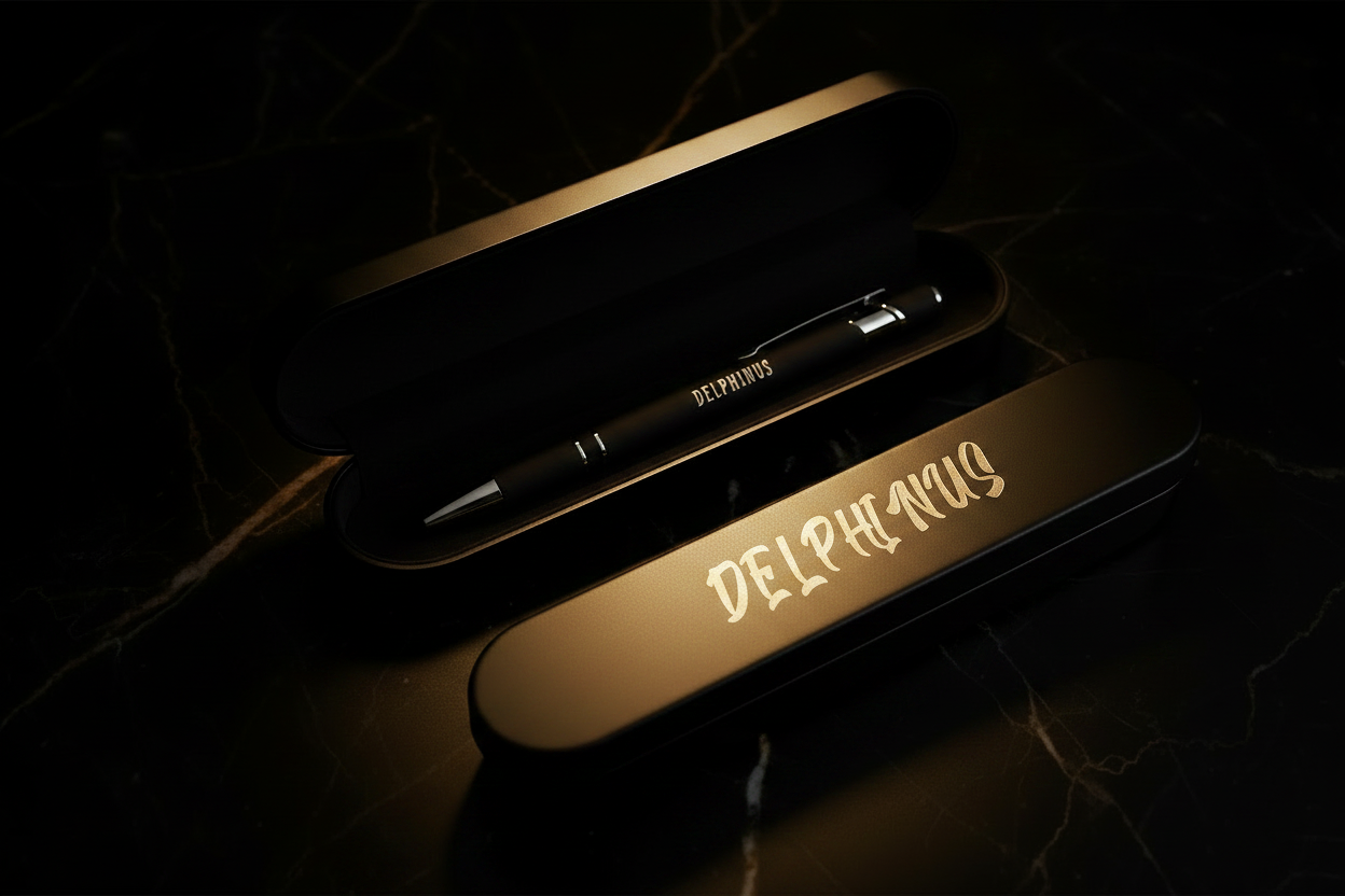 L'Auteur — Stylo bille et écrin DELPHINUS gravé en or, flat lay marbre noir