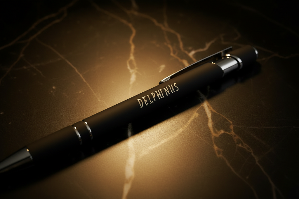 L'Auteur — Gros plan sur le stylo bille DELPHINUS, gravure or sur corps noir mat