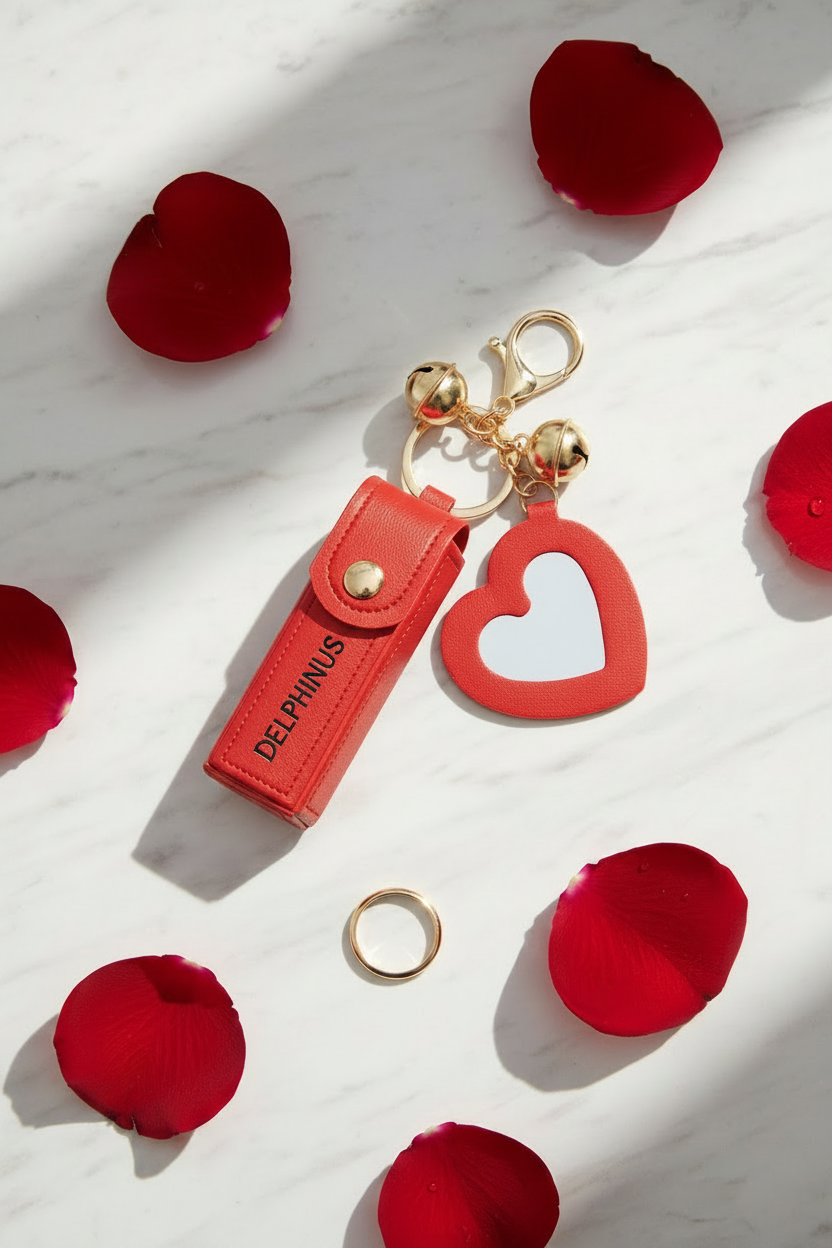 LE CŒUR VAGABOND – Bijou de sac porte-clé rouge, cœur miroir et grelots dorés sur marbre blanc, pétales de rose, DELPHINUS