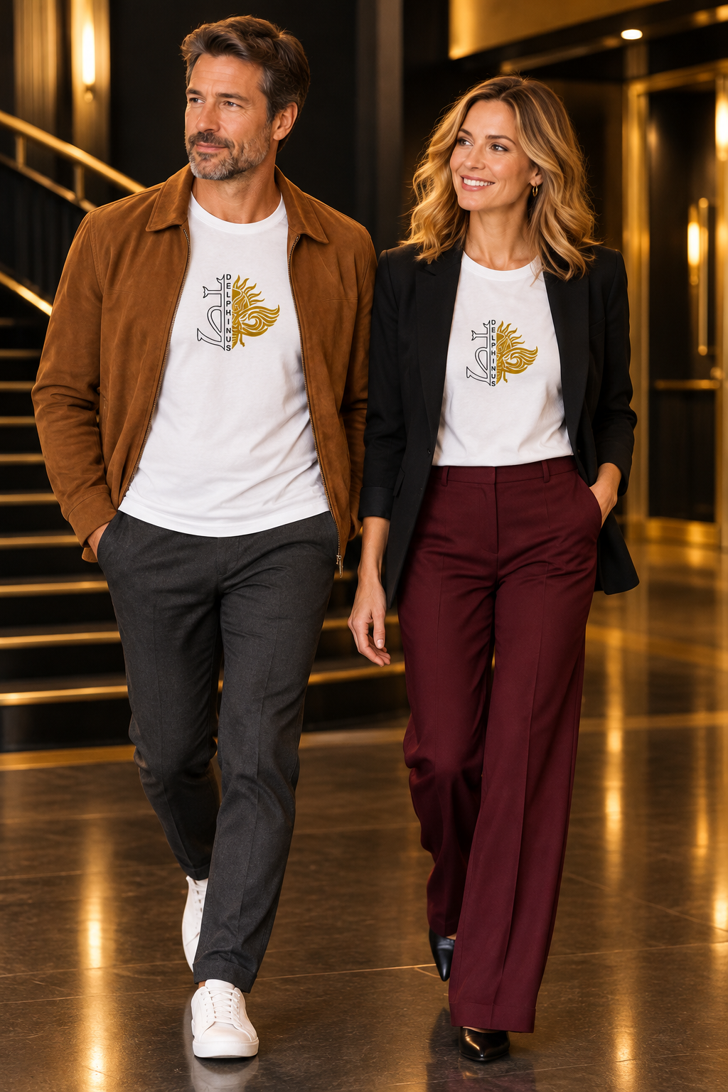 LE CAMARGUAIS – couple portant le tee-shirt collector blanc à col rond, demi-Croix Camarguaise noire, DELPHINUS vertical et demi-cigale dorée, décor automnal noir et or