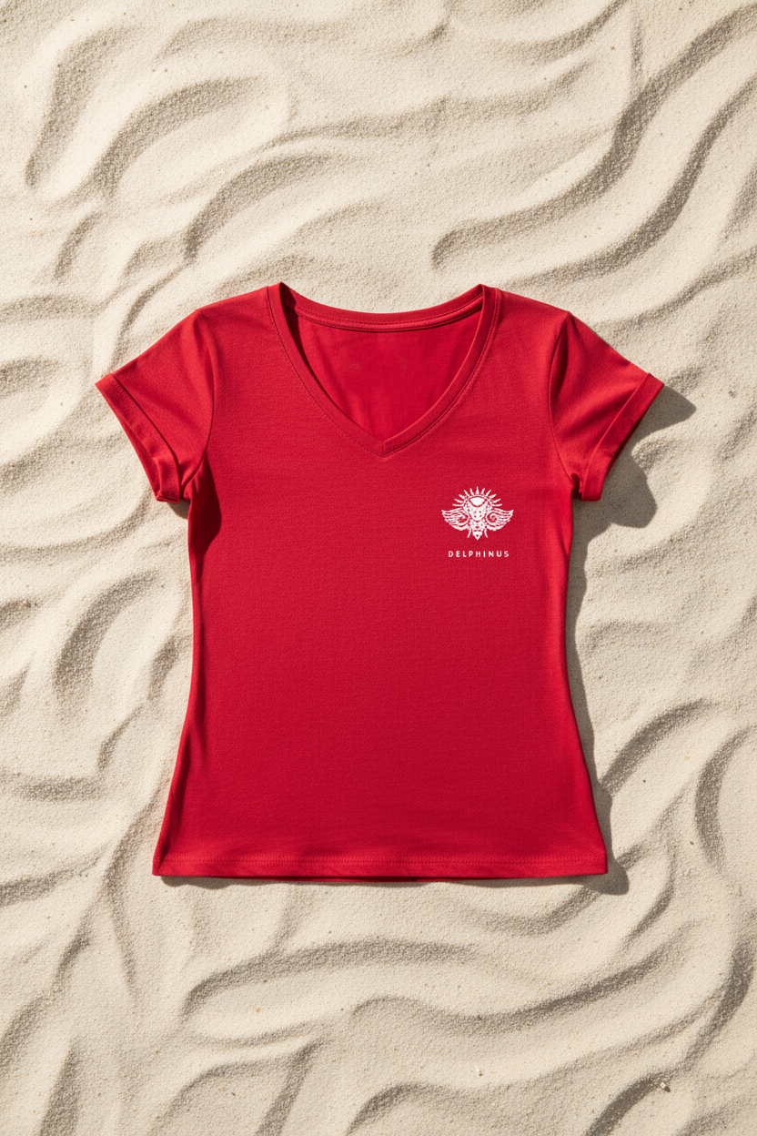 LE CARACTÈRE – T-shirt rouge col V femme logo cigale blanc poitrine gauche, fond neutre estival, DELPHINUS