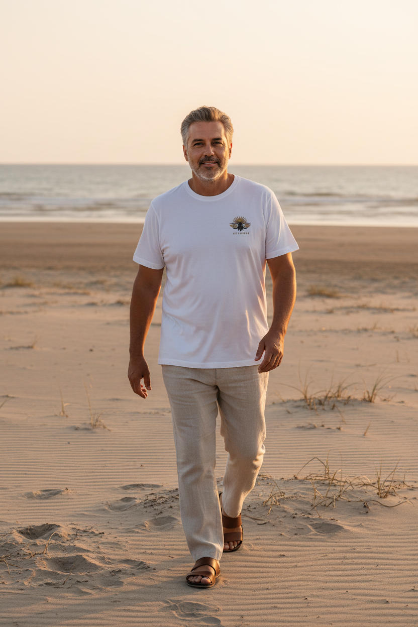LE CIGALOU CURVE – T-shirt unisexe blanc logo cigale noir et or, homme curve élégant, plage Camargue coucher de soleil, DELPHINUS