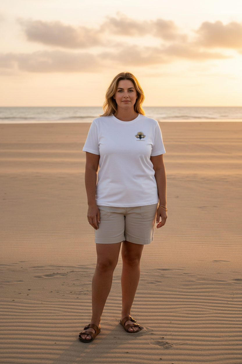 LE CIGALOU CURVE – T-shirt unisexe blanc logo cigale bicolore noir et or, femme curve confiante, plage Camargue lumière dorée, DELPHINUS