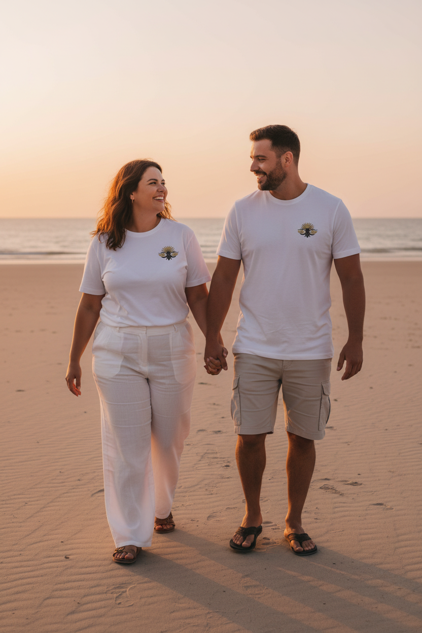LE CIGALOU CURVE – T-shirt unisexe blanc logo cigale bicolore noir et or, couple curve élégant plage Camargue coucher de soleil, DELPHINUS