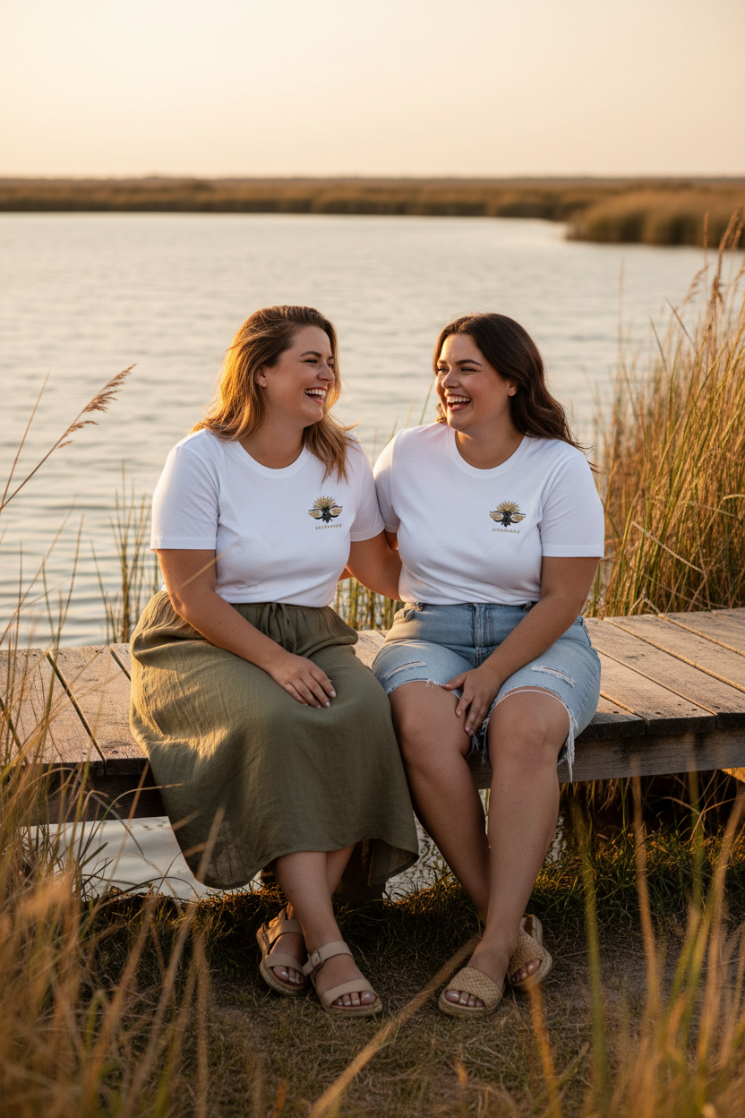 LE CIGALOU CURVE – T-shirt unisexe blanc logo cigale noir et or, duo d'amies curve joyeuses étang de Camargue, DELPHINUS