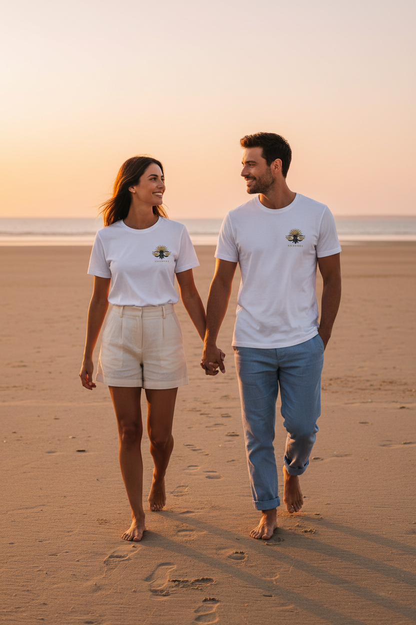 LE CIGALOU – T-shirt unisexe blanc logo cigale bicolore noir et or, couple élégant plage Camargue coucher de soleil, DELPHINUS
