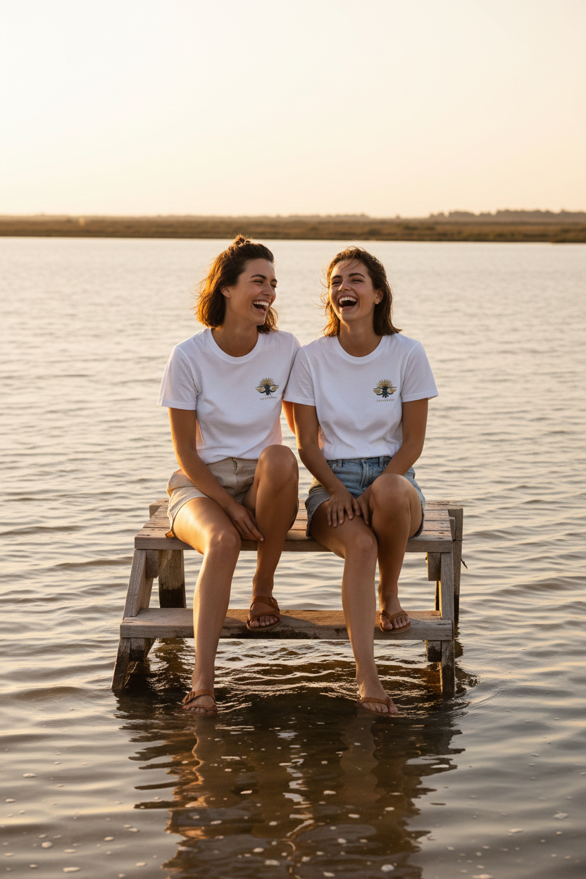 LE CIGALOU – T-shirt unisexe blanc logo cigale noir et or, duo d'amies joyeuses étang de Camargue lumière dorée, DELPHINUS