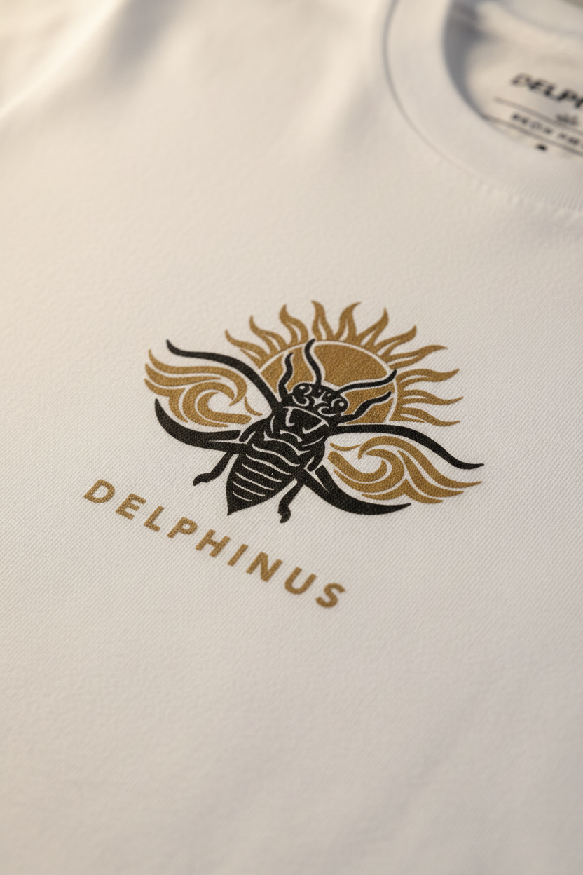 LE CIGALOU – Gros plan logo cigale bicolore noir et or, impression qualité premium poitrine gauche, t-shirt unisexe blanc DELPHINUS