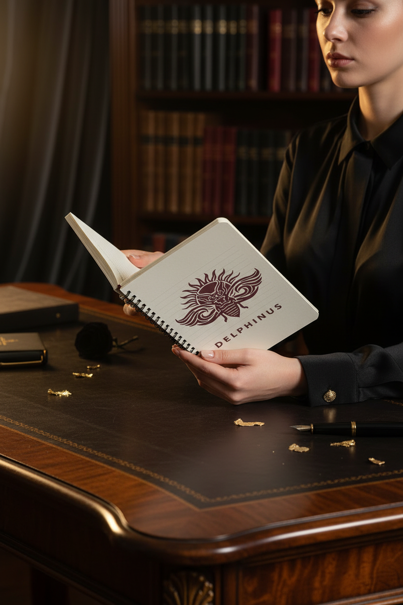 Le Complice — Carnet A5 DELPHINUS tenu ouvert par une personne élégante, ambiance bureau luxe noir et or