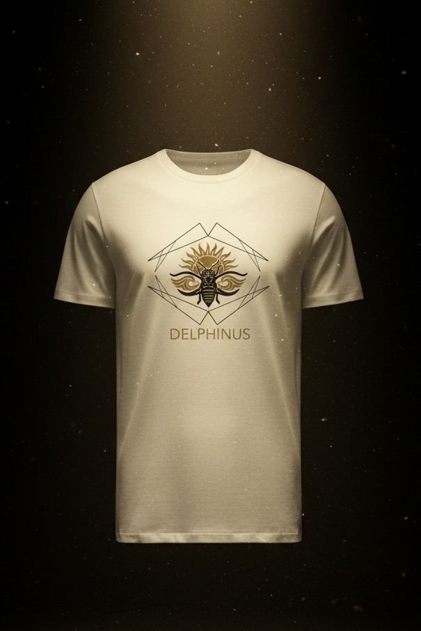 LE DELPHINUS – T-shirt unisexe blanc logo cigale noir et or, pièce maîtresse DELPHINUS, édition premium